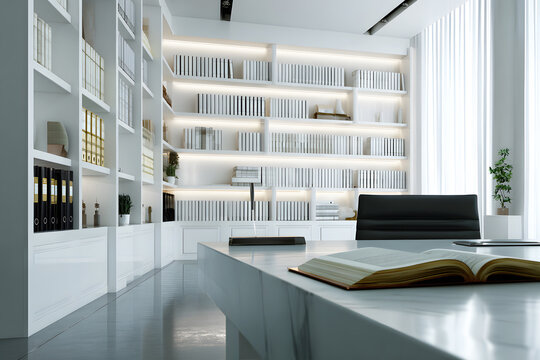 White Law room office Library for study and learning. Interior of books on shelf in law firm. Notebook computer on work desk in law library with shelves and legal documents in professional office.