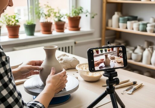 Person shaping clay vase on pottery wheel while recording with smartphone on tripod in studio