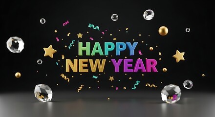 Festive Happy New Year greeting with vibrant rainbow text and confetti stars for a joyful holiday celebration, perfect for social media promos