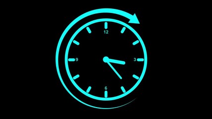 Cyan Clock Icon with Swirling Arrow on animation Black Background time blue. Swirling arrow pulses around cyan clock icon producing striking animated blue time symbol motion visuals. - Powered by Adobe