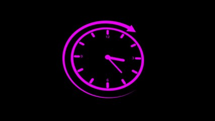 Pink Clock Icon with Swirling Arrow on animation Black Background time symbol. Pink clock icon with swirling arrow animates smoothly in dynamic time symbol motion for sleek interface visuals.