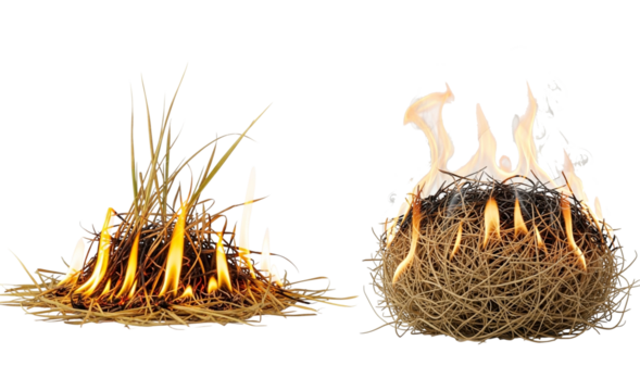 Dry grass and hay burning with bright orange flames on transparent background PNG