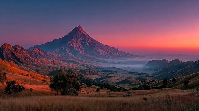 A smoking volcano surrounded by rolling hills and drifting morning mist, illuminated by vibrant orange and pink sunrise light