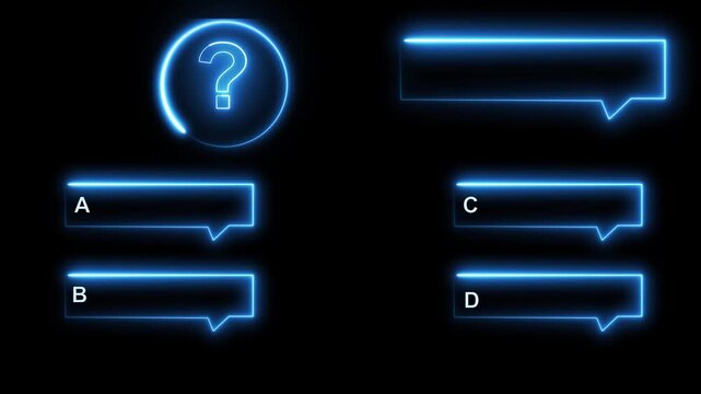 Neon Blue Speech Bubbles and Question Mark Icon with Lettered Options on animation Black Background chat. Bright neon question symbols and text bubbles interact dynamically in dark chat animation.