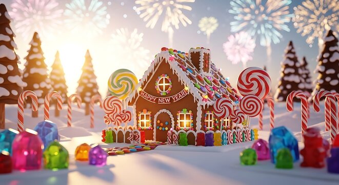 Celebrate the New Year with a delightful gingerbread house scene, candy canes, and fireworks in a snowy winter wonderland, perfect for holiday cheer - Powered by Adobe