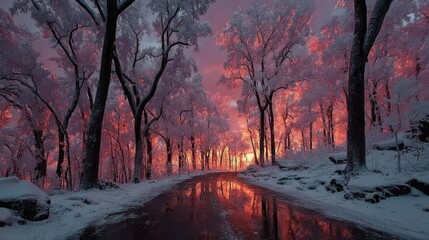 A silent forest blanketed in snow, glowing under a blazing red and orange sunset sky, icy branches reflecting fiery light