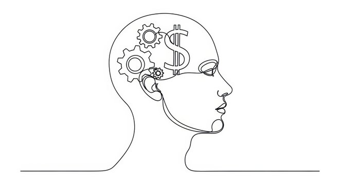 Conceptual head outline with gears and dollar symbol representing financial mindsets or money