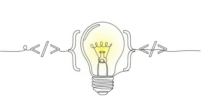 Illuminating code: A single line drawing concept of coding with an electric bulb - Powered by Adobe