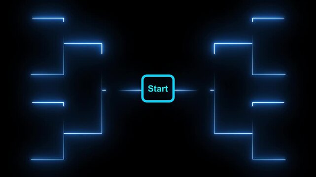Neon Blue Tournament Bracket Structure with Glowing Start Button on animation Black Background. Glowing start button pulses on neon blue tournament bracket structure producing engaging animated .