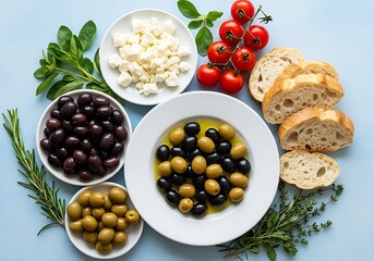 Delicious Mediterranean appetizer spread with olives, feta cheese, cherry tomatoes, and bread, Mediterranean cuisine, antipasto platter, healthy food, fresh ingredients