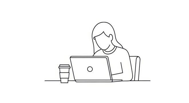 Monochrome outline illustration of a woman working on a laptop with coffee cup on the desk