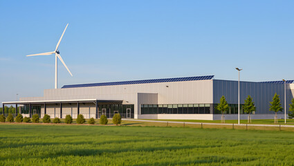 Eco modern factory building with wind turbine – sustainable industrial architecture