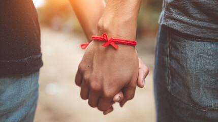 Close-up of a couple holding hands wearing red ribbon bracelets, symbolizing love, unity, and support for World AIDS Day. Concept of awareness, prevention, and compassion against HIV stigma.
