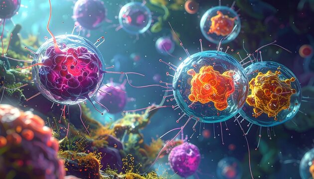 Microscopic illustration of cells, viruses, or other biological structures