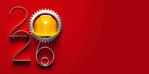 2026 New Year design template with yellow protective helmet. 3D render illustration.