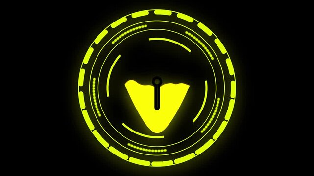 Yellow Shovel Icon within a Glowing Yellow Circular Frame on a animation Black Background digging. Animated yellow shovel icon within circular glowing frame creates sleek digging action effect.