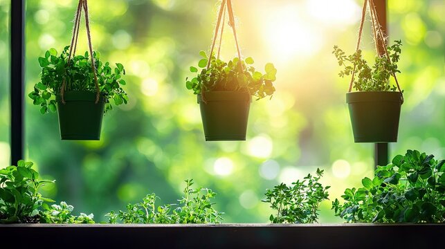 Three green potted plants hang in front of a sunlit, blurred green background, with more plants in the foreground. - Powered by Adobe