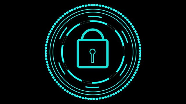 Cyan Circular HUD Element with lock icon Dot Border and Segmented Bars on animation Black Background. Animated cyan circular HUD with lock icon features dot border and segmented bars producing sleek.