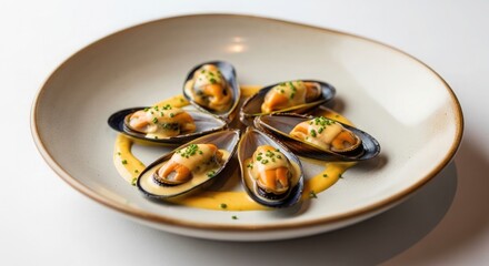 Deliciously prepared mussels arranged artfully on a white plate, ready to be enjoyed.