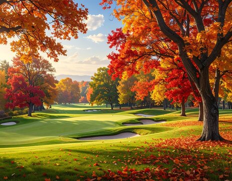 A vibrant autumnal scene of a golf course, showcasing colorful trees, a perfect green lawn, and dappled sunlight