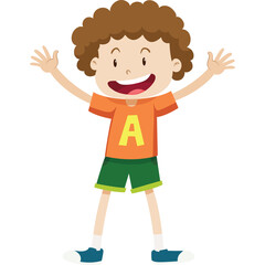 Excited Young Boy With Curly Brown Hair Wearing Orange T-shirt With Yellow A and Green Shorts Joyfully Raising His Arms In The Air On A Transparent Background