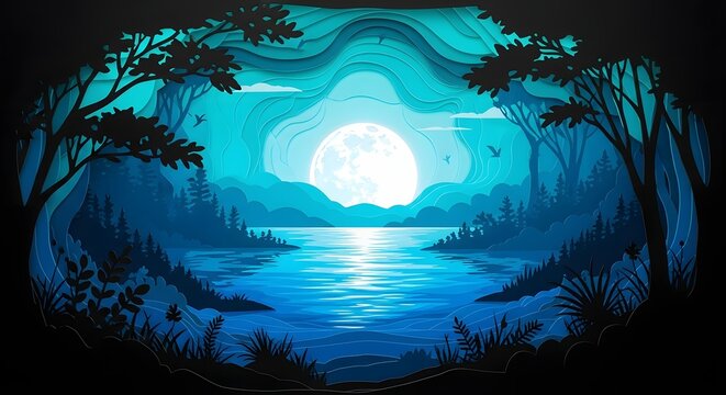 Serene paper cut-out landscape of a forest lake under a large full moon. Midnight tranquility and nature story concept. Layers of blue and cyan trees and water reflecting moonlight