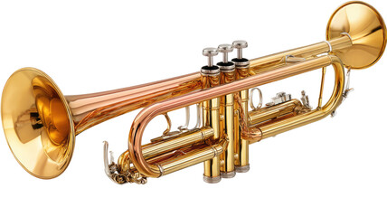 Naklejka premium Shiny brass wind instrument, a gold trumpet with valves and mouthpiece, isolated on a white background, perfect for music, jazz, and orchestra