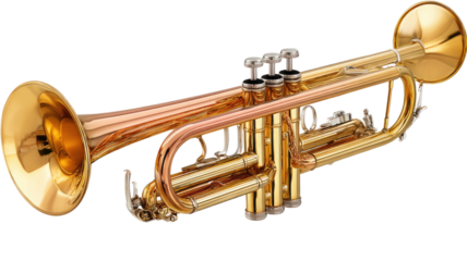 Shiny brass wind instrument, a gold trumpet with valves and mouthpiece, isolated on a white background, perfect for music, jazz, and orchestra