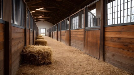 Rustic wooden horse stable interior with straw bedding and hay bales an empty and quiet setting