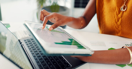 Data, hands and tablet screen with business person at desk in office to review charts or graphs. Information, statistics on digital display and technology with employee in workplace for analysis