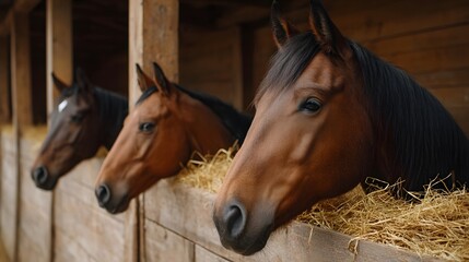Three brown horses with dark manes look out from their rustic wooden stable stalls filled with hay
