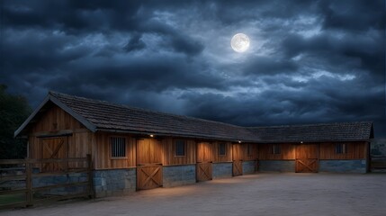 A wooden stable at night is illuminated by lights and the full moon under a dramatic stormy sky