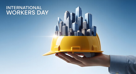 International worker day concept with city on yellow safety helmet isolated on blue background