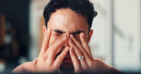 Headache, stress and businessman in office with pressure, tension or burnout for deadline. Tired, migraine and male creative editor with fatigue, brain fog or overwhelmed for project in workplace.