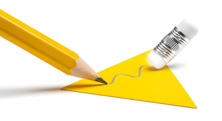 Pencil drawing a line on yellow paper and erasing it with an eraser