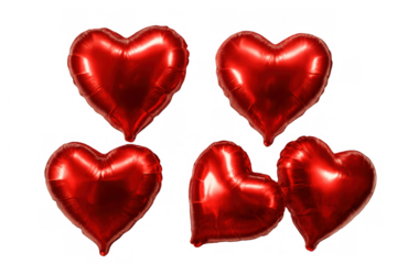 Red heart foil balloons floating, symbolizing love, romance, valentine's day, and celebration on transparent background