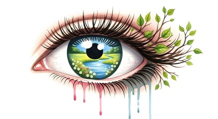 Artistic illustration of a human eye with a natural landscape and river reflected in the pupil, shedding nature tears. Environmental conservation and vision of a better world. Watercolor ecology art