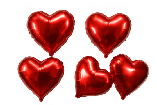 Red heart foil balloons floating, symbolizing love, romance, valentine's day, and celebration on transparent background