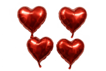 Four glossy red heart-shaped foil balloons embodying love and romance with a transparent background
