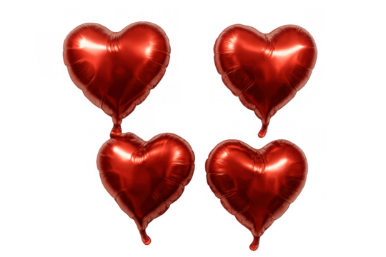 Four glossy red heart-shaped foil balloons embodying love and romance with a transparent background