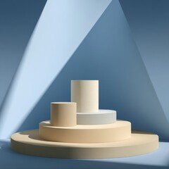 Three muted-tone cylindrical platforms, stacked, sit on a larger base within a triangular light-filled blue room.  The scene is minimalist and geometric
