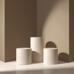 Three off-white cylindrical display stands of varying heights sit on a white surface in a corner formed by two muted brown walls. Sunlight streams in, casting shadows
