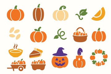 Set of Halloween and Fall Pumpkin Icons with Autumn Elements