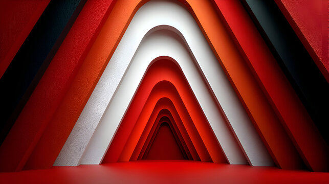 Abstract Triangle Tunnel with Red, White, and Orange Layered Shapes