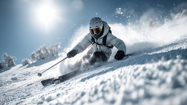 A skier in white jacket and helmet skiing down a snow covered slope on a sunny day outdoors