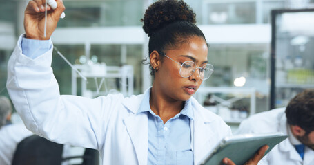 Glass wall, medical research and woman with tablet, science and experiment with digital report. Person, employee and scientist in lab, biotech and brainstorming equation with sample analysis and app