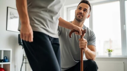 Physical therapy session with supportive therapist assisting patient in rehabilitation exercise