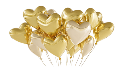 Golden and white heart shapes balloons with ribbons and rings symbolize romance, love, and a joyful wedding celebration