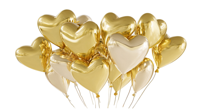 Golden and white heart shapes balloons with ribbons and rings symbolize romance, love, and a joyful wedding celebration