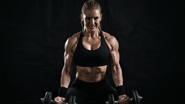 Determined Female Bodybuilder Flexing Muscles While Lifting Dumbbells, Showcasing Intense Strength, Fitness, and Dedication on a Dark Background